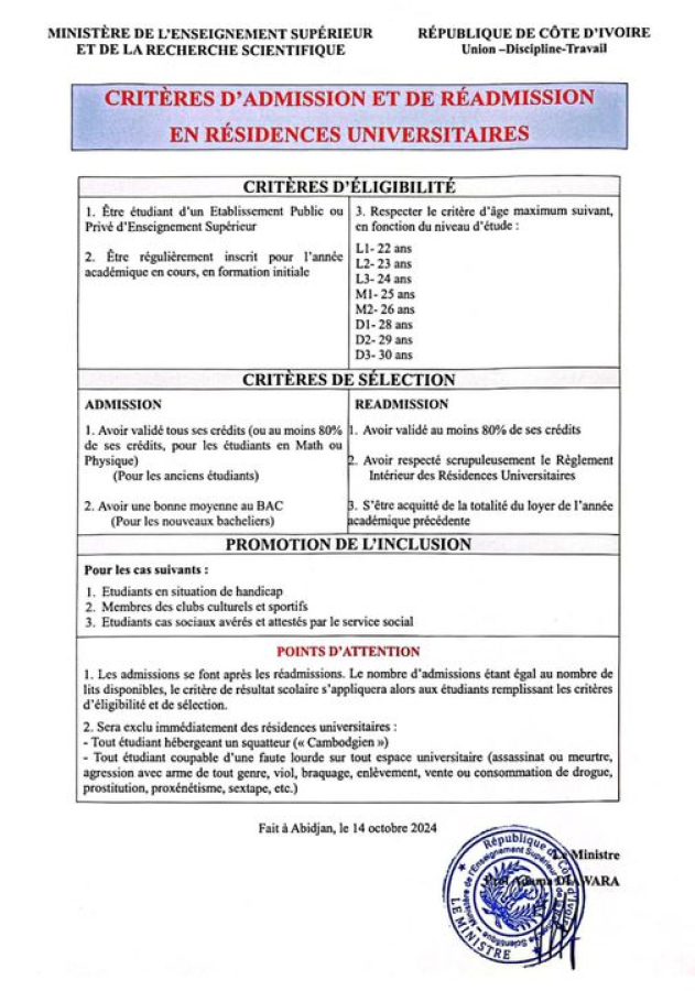 CRITERES D'ADMISSION ET DE READMISSION EN RESIDENCES UNIVERSITAIRES